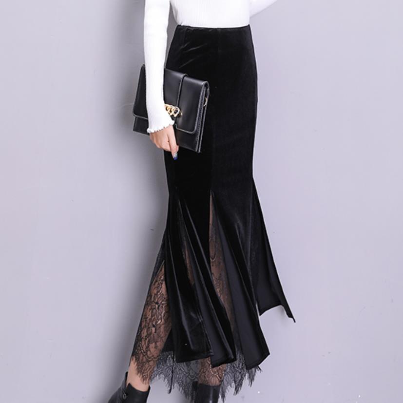 Изображение товара: Женская бархатная юбка с разрезом, длинная юбка с высокой талией, Осень-зима 2021