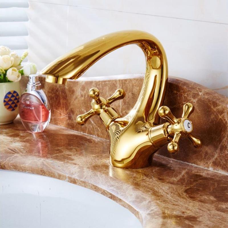 Изображение товара: Смеситель для ванной комнаты, однотонный золотой кран с двойной ручкой, смеситель горячей и холодной воды