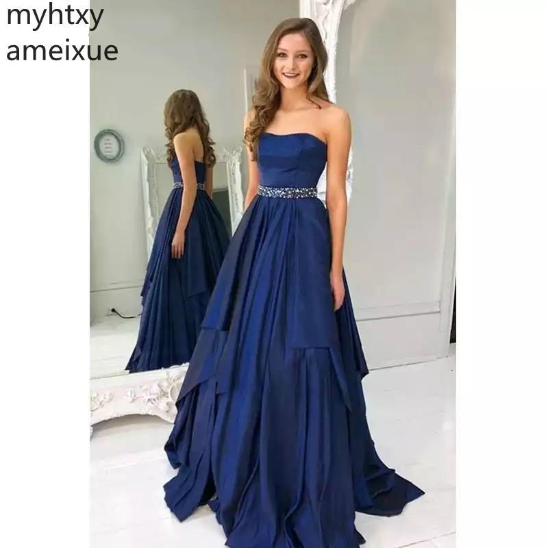Изображение товара: Navy Sweetheart A-Line Satin Plus Size Blue Tube top Evening Dress Zipper Back Long Party Gown Prom Graduation Robe De Soiree