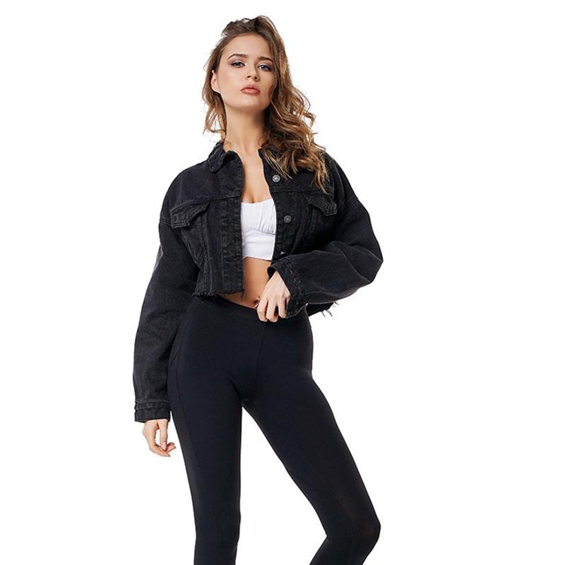 Изображение товара: Женская короткая джинсовая куртка бойфренда, укороченная винтажная куртка из денима с длинным рукавом, повседневное Свободное пальто, черная куртка-бомбер