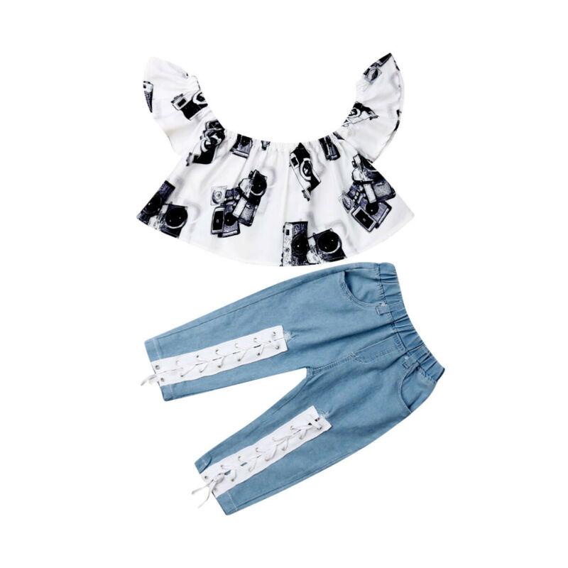 Изображение товара: Комплект летней одежды для маленьких девочек хлопковый топ с открытыми плечами + джинсовые штаны Детский сарафан с цветочным принтом из 2 предметов