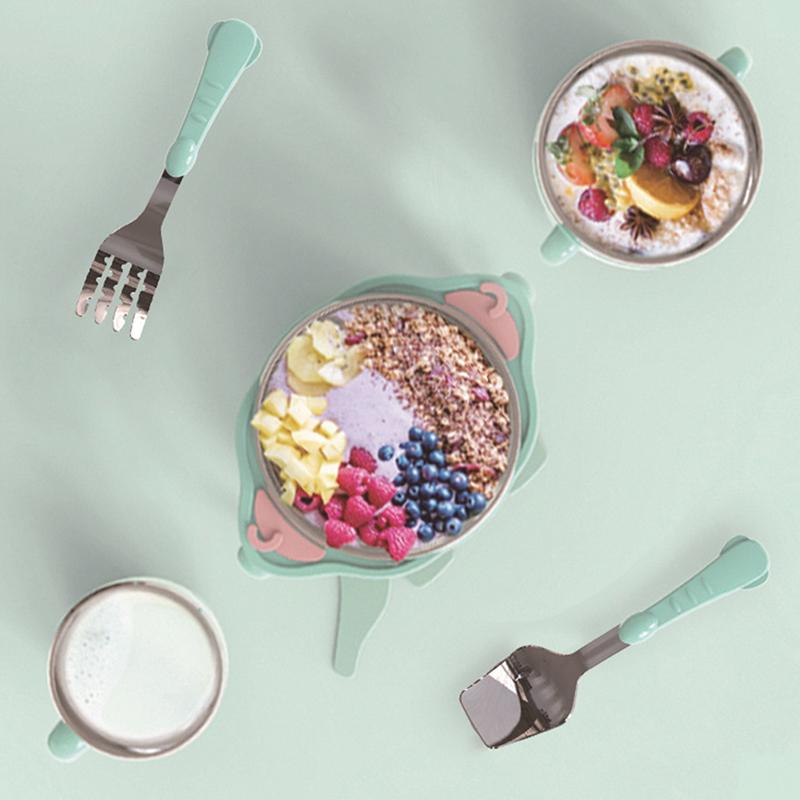 Изображение товара: Детская посуда, чаша из нержавеющей стали против падения, миска с присоской, пищевая добавка, миска, розовая, зеленая, набор из 4 предметов