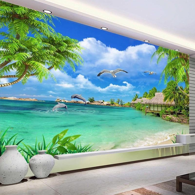 Изображение товара: Настенные 3D-обои на заказ, кокосовое дерево, морской пейзаж, настенная живопись, фоновая самоклеящаяся Водонепроницаемая наклейка для гостиной, телевизора, дивана