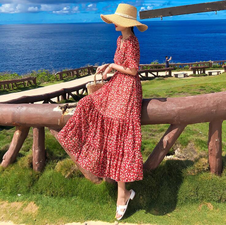 Изображение товара: Женское винтажное платье с цветочным принтом Artfeel, шифоновое пляжное облегающее платье миди в стиле бохо для отдыха, 2 цвета
