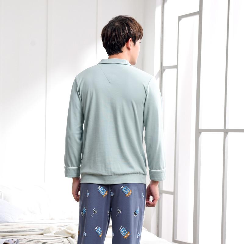 Изображение товара: Мужская зимняя пижама из 2019 хлопка, новинка, модные брюки с отложным воротником на весну и осень, Мужские пижамные комплекты с длинным рукавом, Мужская одежда для сна