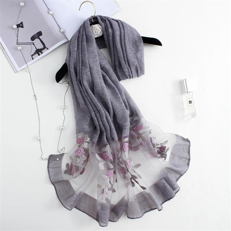 Изображение товара: Женский шелковый шарф VISNXGI, зимний шарф с цветочной вышивкой, хиджаб, повязка на голову, мусульманский хиджаб, органза, длинные шарфы