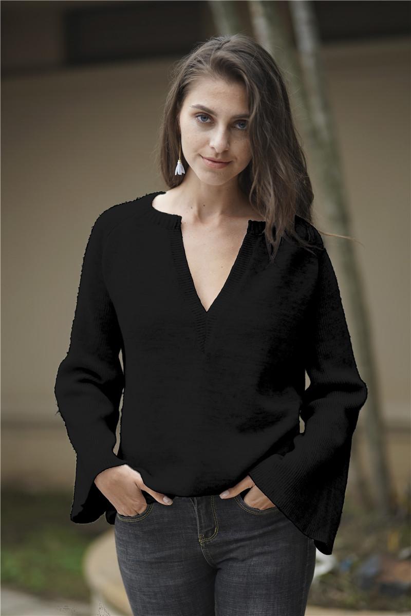 Изображение товара: Женский свитер, осень 2021, новый Однотонный пуловер, свитер, Женский темпераментный свободный свитер большого размера с V-образным вырезом