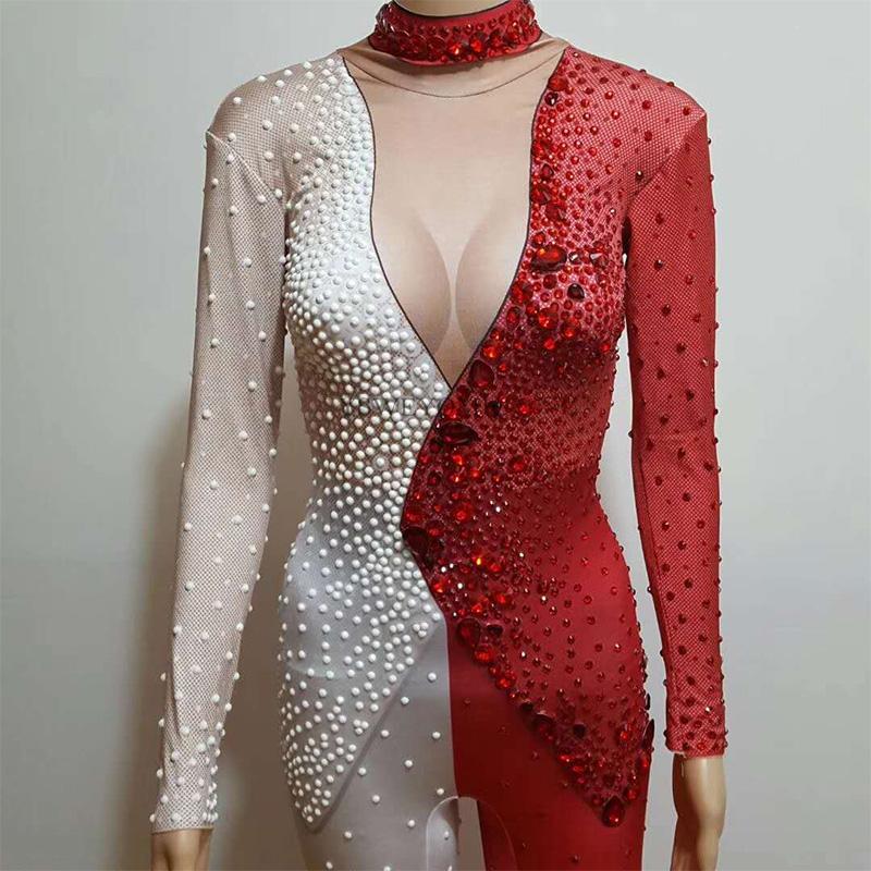 Изображение товара: Женский комбинезон с кристаллами, белый, красный, 2 цвета, Цельный Наряд для вечеринок, сценический, для певицы, шоу, эластичный костюм