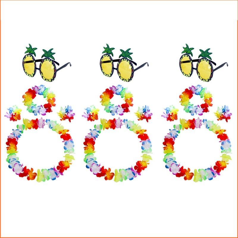 Изображение товара: 3 комплекта Тропический Костюм реквизит разноцветный цветочный венок Декоративная гирлянда набор летние ананасовые солнцезащитные очки Гавайские товары Вечерние
