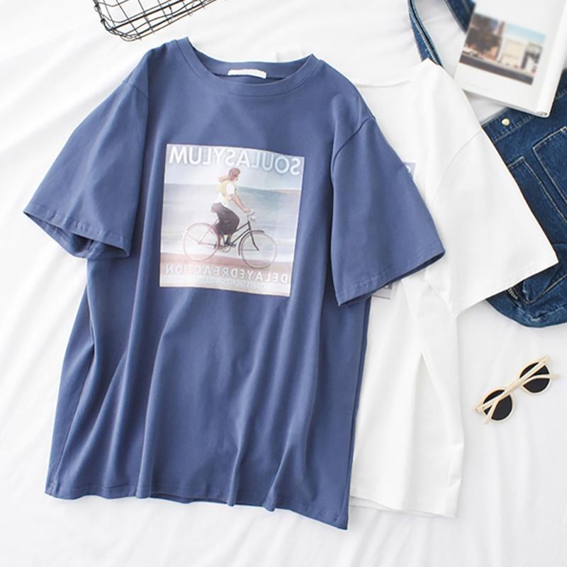 Изображение товара: Женская Повседневная футболка с круглым вырезом, Свободный пуловер с коротким рукавом и принтом пейзажа