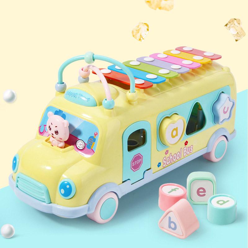 Изображение товара: Игрушечный ксилофон 5 в 1, детский музыкальный автобус, многофункциональный игрушечный автомобиль для раннего развития, сортировка бусин, Монтессори, игрушки в подарок
