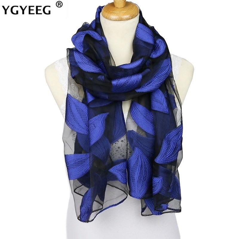 Изображение товара: Женский Шелковый цветочный шарф YGYEEG, Солнцезащитная шаль с вышивкой для девочек, длинные кружевные шарфы с вышивкой для взрослых 70x185 см