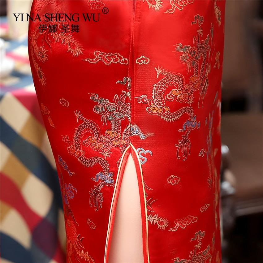 Изображение товара: Новинка, традиционная китайская одежда, чонсам, женское облегающее китайское свадебное платье, костюм Тан с принтом дракона и феникса, платье с разрезом, 17 цветов