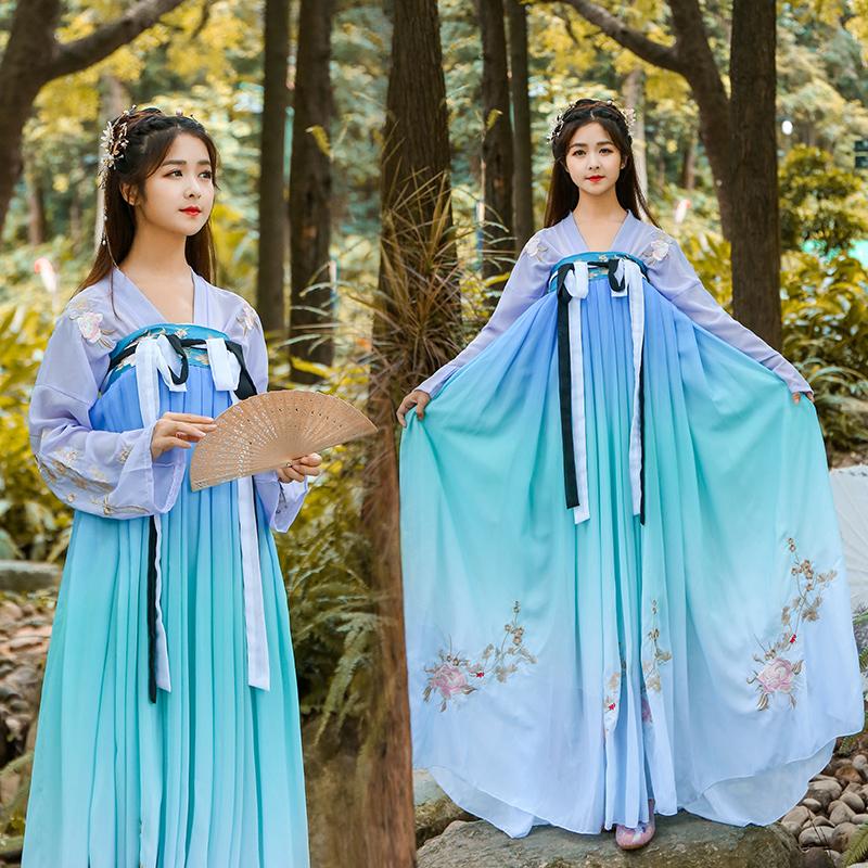 Изображение товара: Hanfu костюм для танцев с вышивкой для певцов, Женская народная одежда для выступлений на сцене, наряд для восточного фестиваля, женское платье феи, DF1022