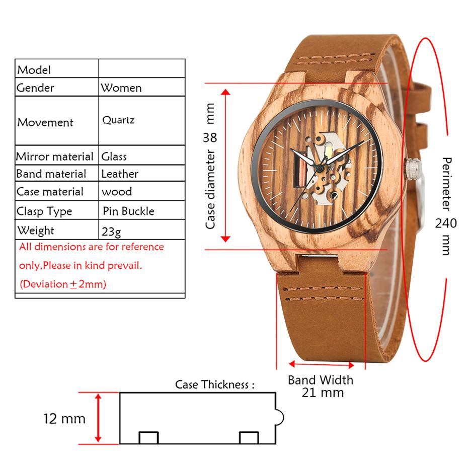 Изображение товара: Женские деревянные часы, креативные деревянные часы с полым циферблатом, кварцевый механизм, черные/коричневые женские наручные часы из натуральной кожи, подарки 2019