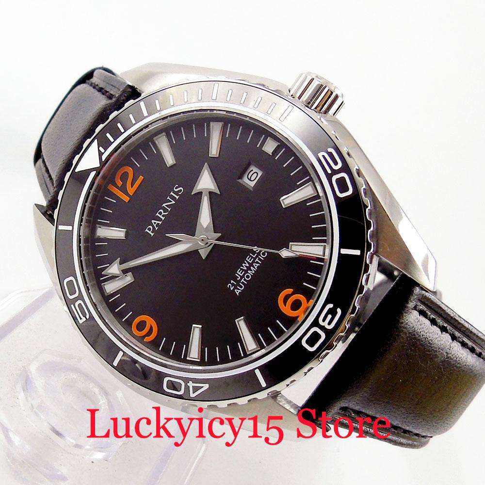 Изображение товара: Мужские часы с автоподзаводом PARNIS, черные роскошные часы с сапфировым стеклом и черным циферблатом 45 мм