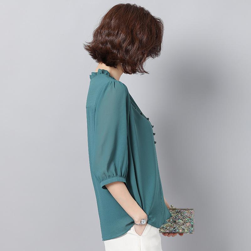 Изображение товара: Летняя шифоновая рубашка с коротким рукавом для женщин среднего возраста, свободные блузки большого размера, однотонные рубашки с v-образным вырезом для мам, H9087