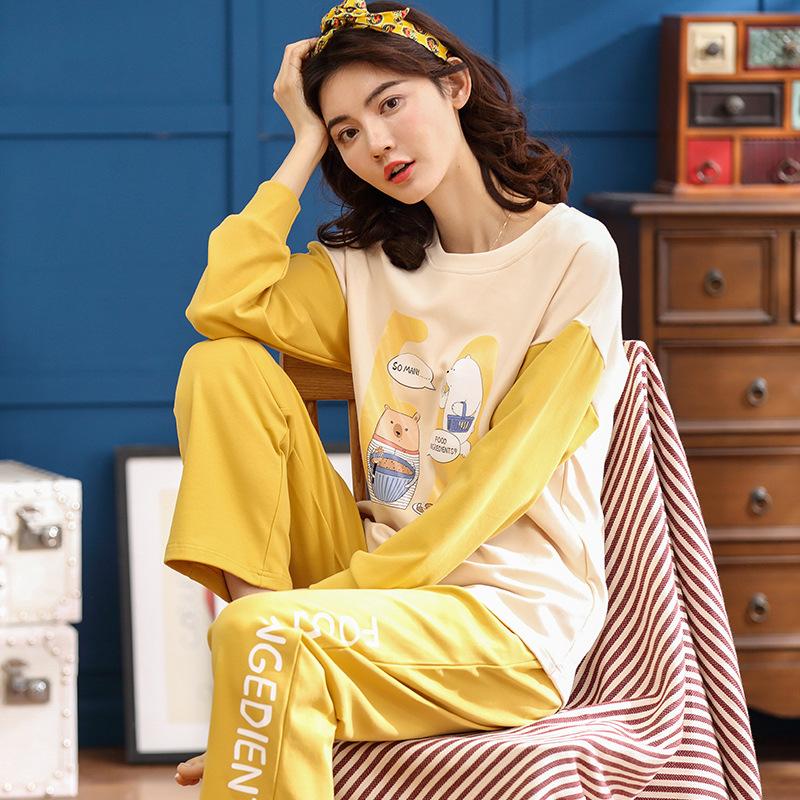 Изображение товара: Женские хлопковые брюки с длинным рукавом, корейские весенне-осенние пижамные комплекты для студентов больших размеров из двух предметов, женские пижамы