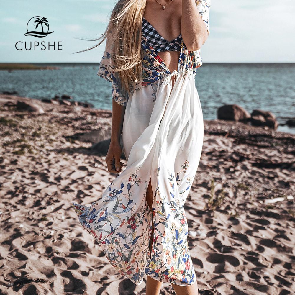 Изображение товара: CUPSHE Wildflower миди бикини прикрытие сексуальное на шнуровке женское длинное платье накидки 2022 летний пляжный купальник пляжная одежда