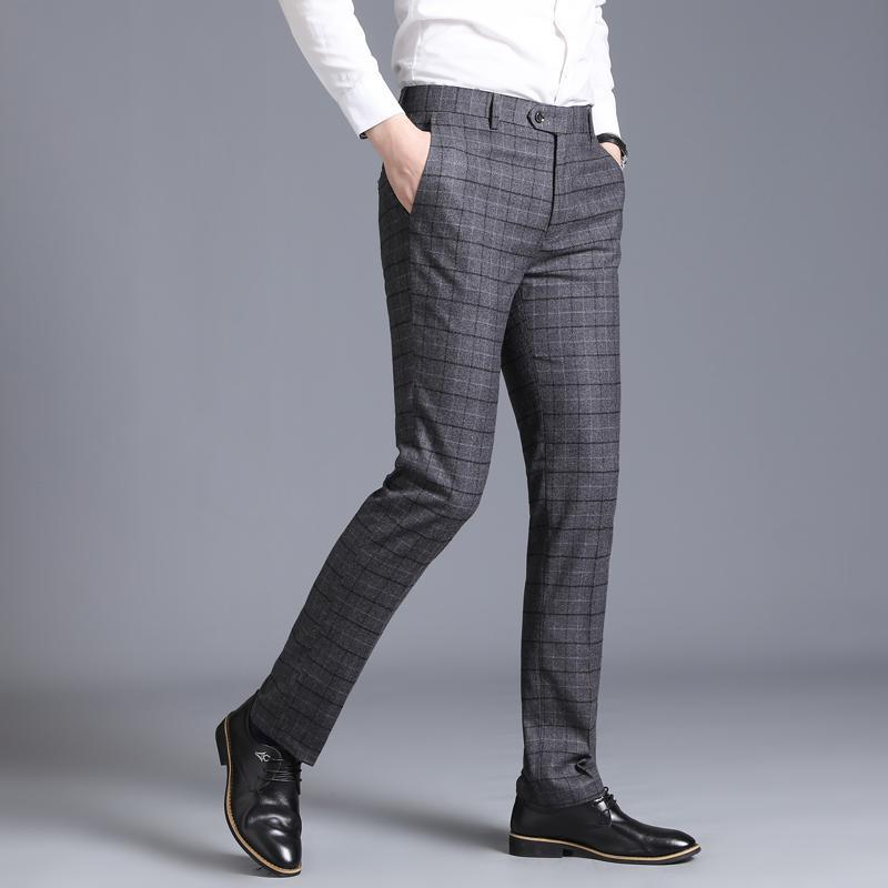 Изображение товара: Брюки мужские клетчатые на молнии, модная повседневная одежда для костюма, деловые брюки с боковыми карманами, официальная офисная одежда, 29-38