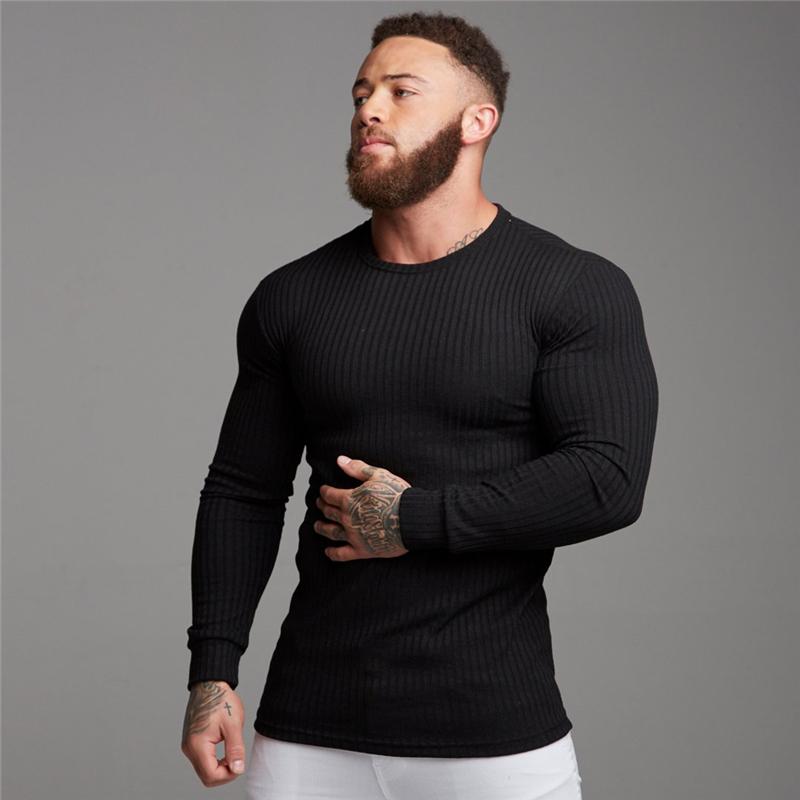 Изображение товара: Muscleguys 2021, модный свитер для мужчин, пуловеры с длинными рукавами, верхняя одежда, мужские свитера с круглым вырезом, топы, однотонная облегающая вязаная одежда