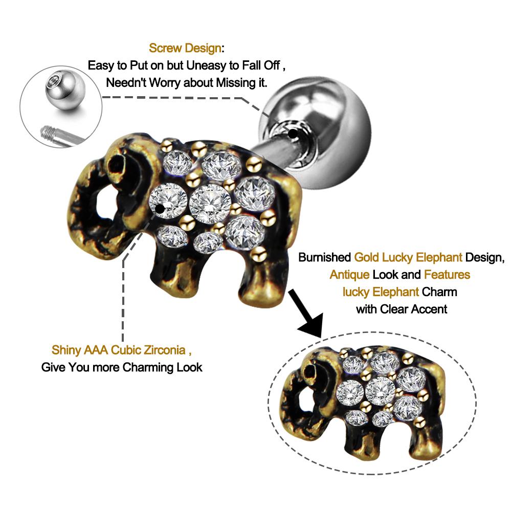 Изображение товара: Спиральный пирсинг для уха в стиле панк, слон, хирургическая сталь, 16 г, полированное золото, Козелка, шпильки для пирсинга для женщин