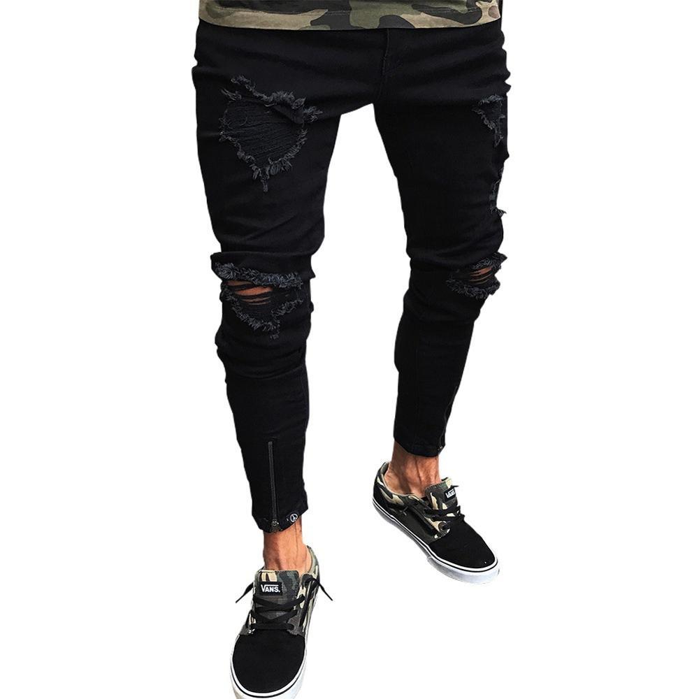 Изображение товара: Мужские рваные джинсы в стиле хип-хоп, черные зауженные джинсы с дырками, Стрейчевые брюки скинни, новинка 2019