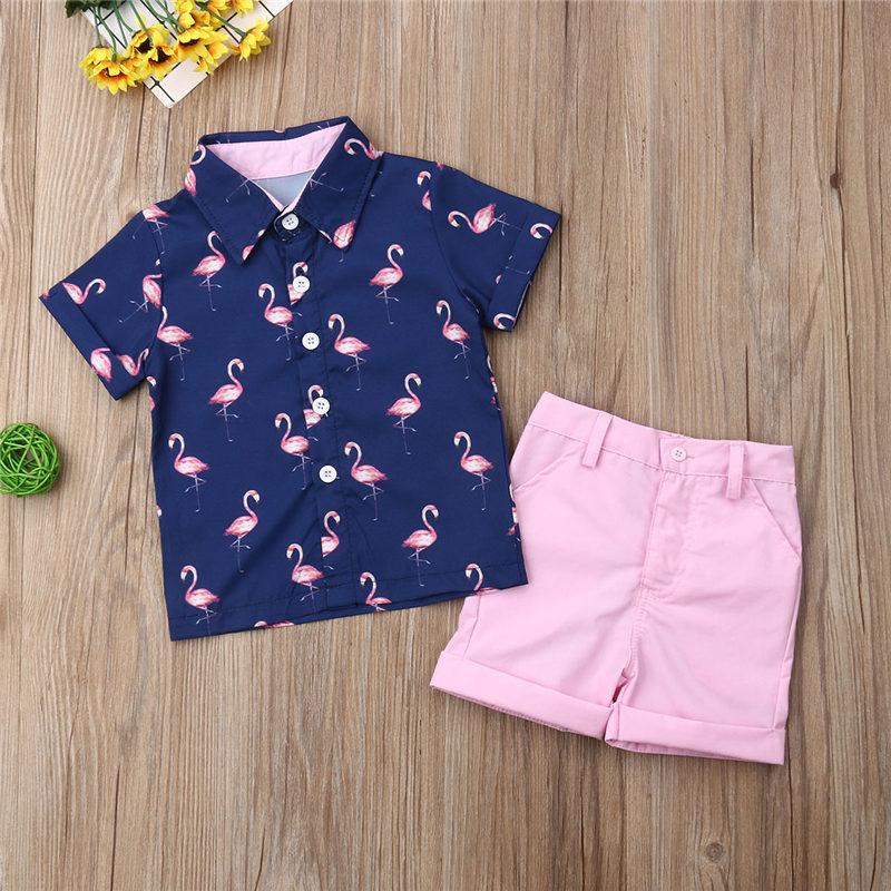 Изображение товара: Комплект одежды для маленьких мальчиков, рубашка с коротким рукавом и фламинго + розовые шорты, джентльменская Одежда для мальчиков, 2 предмета, лето