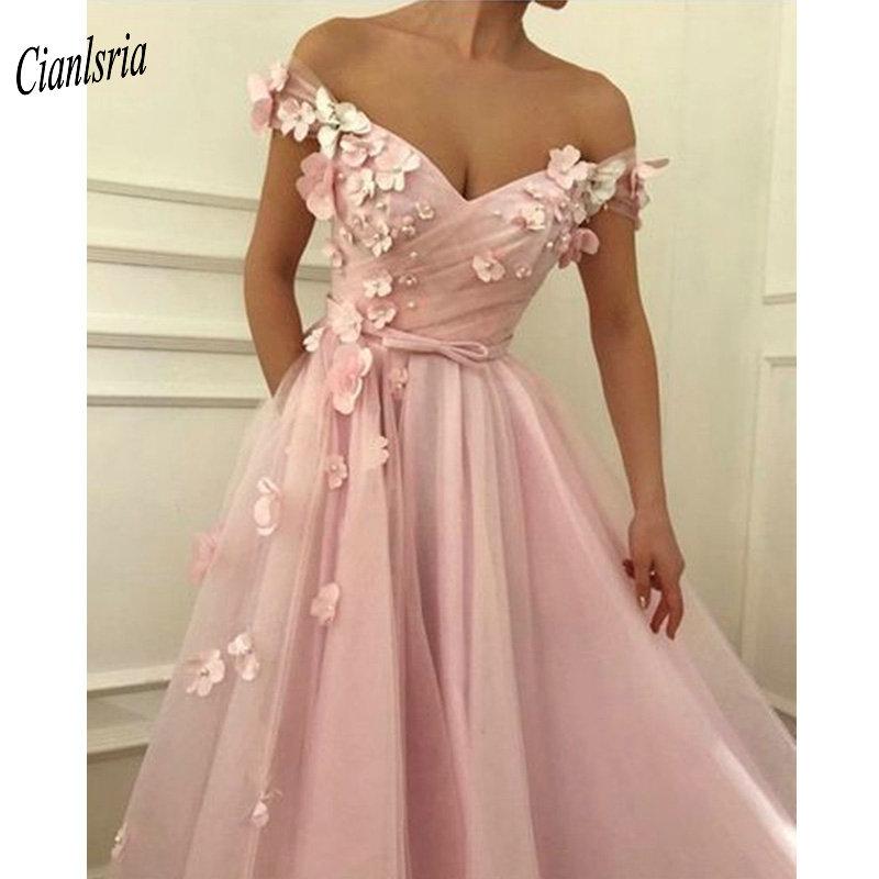 Изображение товара: Новинка 2020, платья для выпускного вечера с открытыми плечами, красивое платье принцессы с цветочной аппликацией, бальное платье, бальное платье