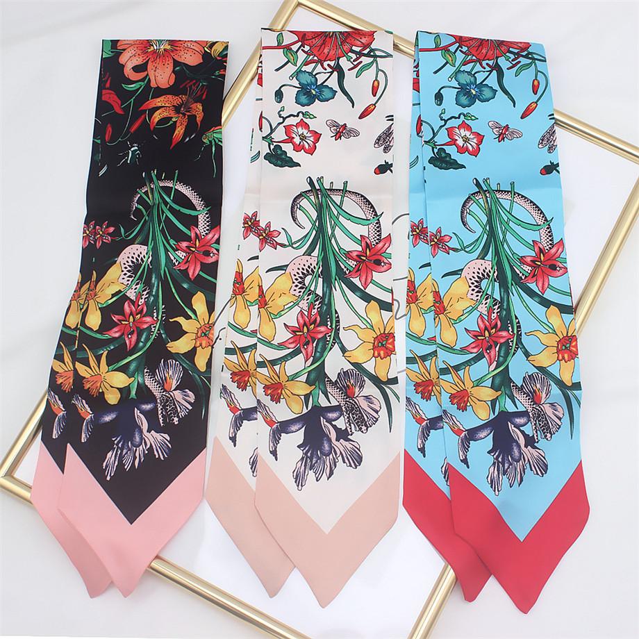 Изображение товара: 86*10 см новый дизайн брендовый шарф с цветочным принтом двухслойная Сумка шелковый шарф для дам шарфы для головы Женская Косынка