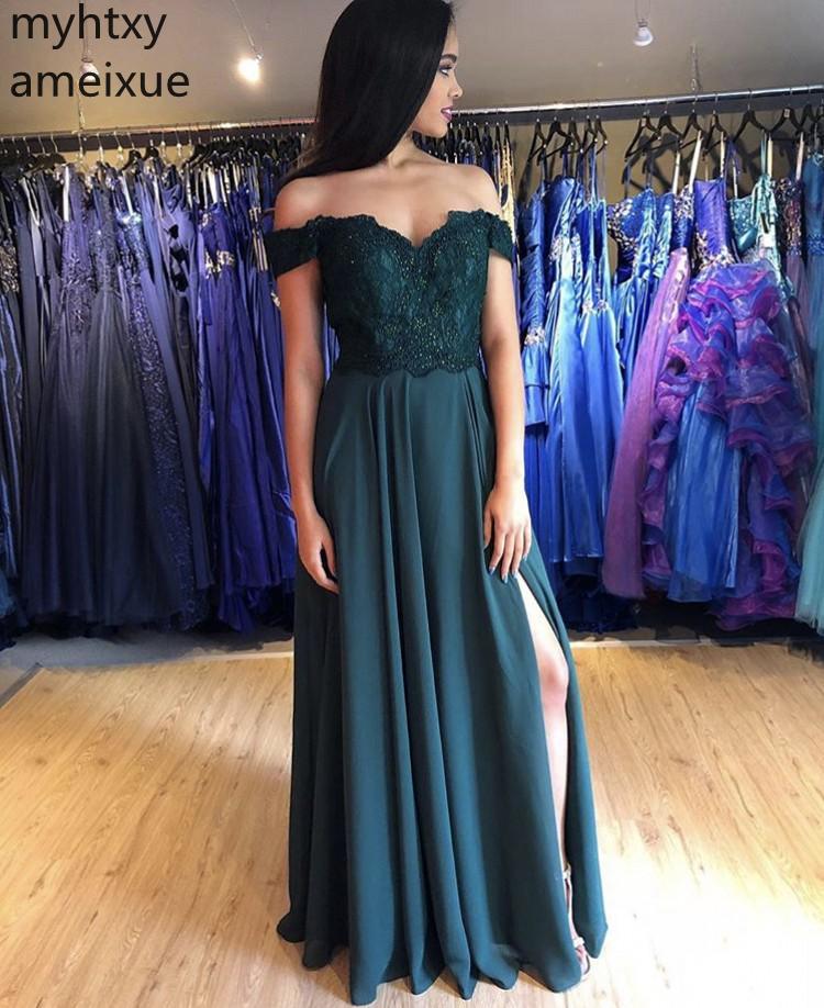 Изображение товара: Gorgeous Dark Green Evening Dresses One Word Collar Boat Neck Lace Applique Floor Length A-line Side Slit Chiffon Party Prom