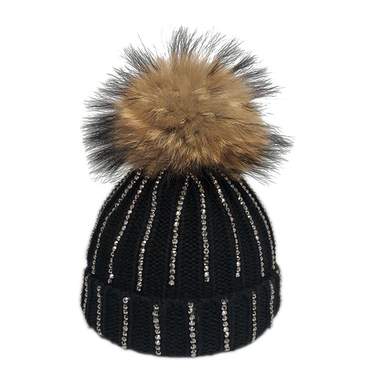 Изображение товара: 2019 модная блестящая Шапка-бини со стразами, детские зимние вязаные шапки, хлопковые шапочки для мальчиков и девочек, шапки с меховым помпоном