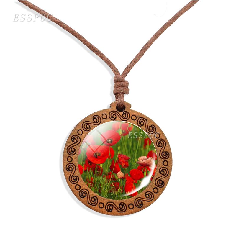 Изображение товара: Винтажное художественное деревянное ожерелье с маковым цветком, стеклянный кабошон, деревянная веревочная цепочка, ожерелье, аксессуары унисекс