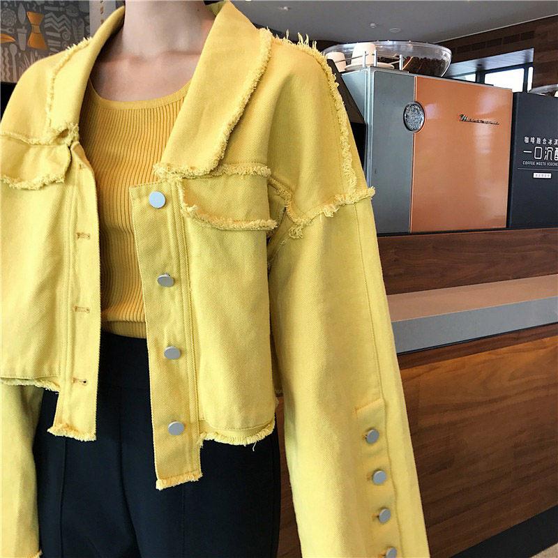 Изображение товара: Женская джинсовая куртка, желтая Повседневная однобортная куртка с бахромой в винтажном стиле Харадзюку, модель f1284 большого размера в Корейском стиле