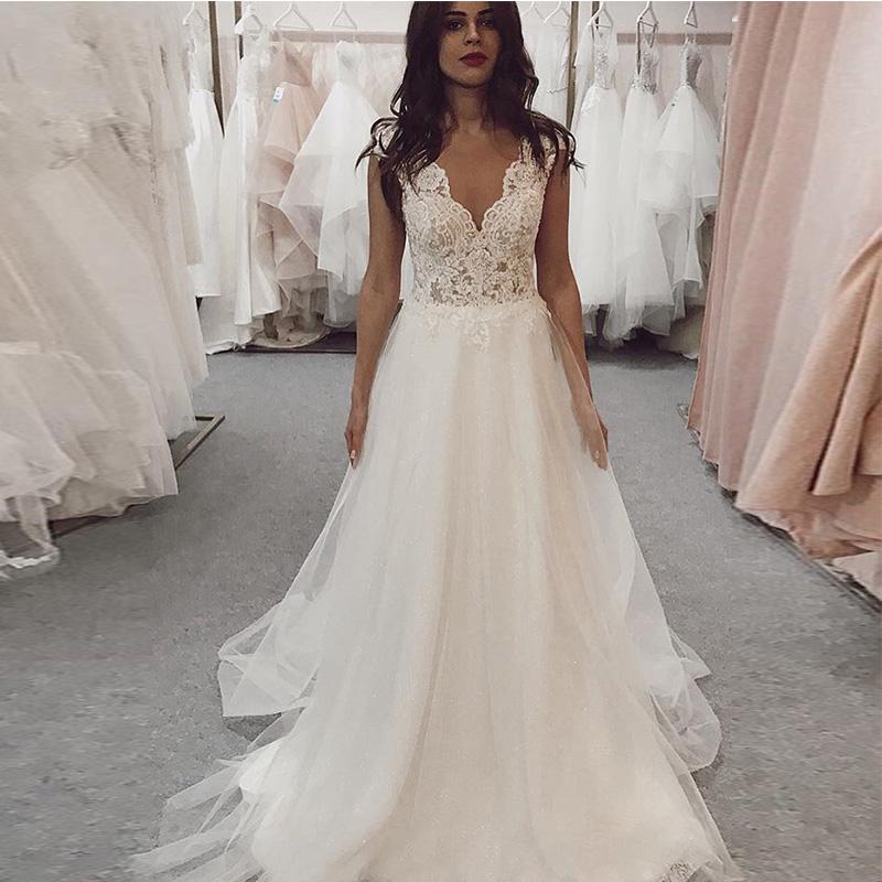 Изображение товара: Robe De Mariage 2019 кружевное бальное платье свадебное платье Свадебные платья с жемчугом v-образным вырезом с открытыми плечами Vestido De Noiva Casamento