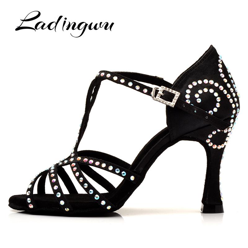 Изображение товара: Ladingwu/женские туфли для латинских танцев на каблуке 9 см, со стразами, из сатина, на Кубе, лидер продаж, обувь для танцев, Обувь для бальных танцев