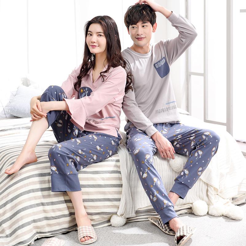 Изображение товара: Женские и мужские новые парные пижамы брюки с длинными рукавами корейский 2019 весна и осень хлопок мужские и женские милые пижамные комплекты
