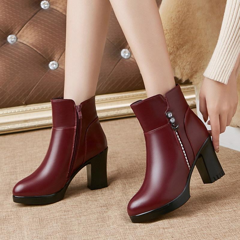 Изображение товара: 2019 зимние женские ботинки кожаные ботинки на высоком каблуке Толстая обувь из хлопка плюс бархатные теплые ботинки мартинсы женская обувь
