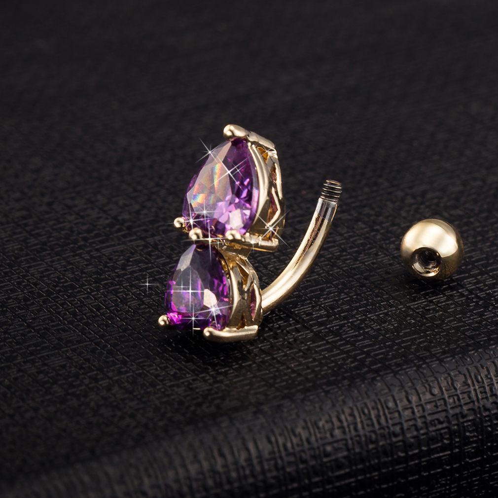 Изображение товара: Женское кольцо с двумя кристаллами, кольцо на пупок с 3 многослойными подвесками в форме сердца, 2019