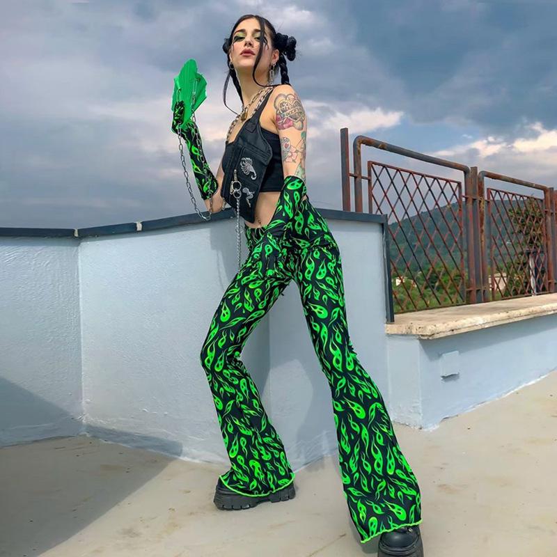 Изображение товара: InstaHot зеленые расклешенные брюки с высокой талией Расклешенные леггинсы с брюками клеш с принтами  осень зима 2019 женские модные сексуальные клубные брюки