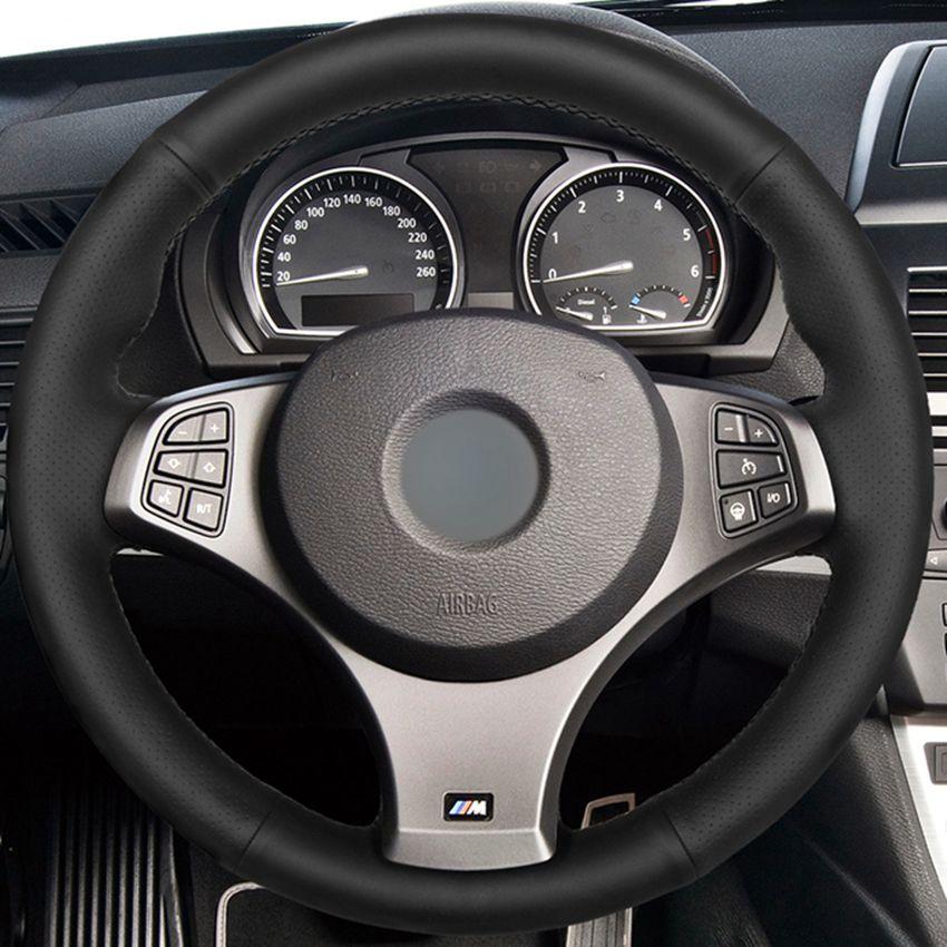 Изображение товара: Сшитый вручную чехол на руль, черный чехол рулевого колеса автомобиля из искусственной кожи для BMW E83 X3 2009 2010