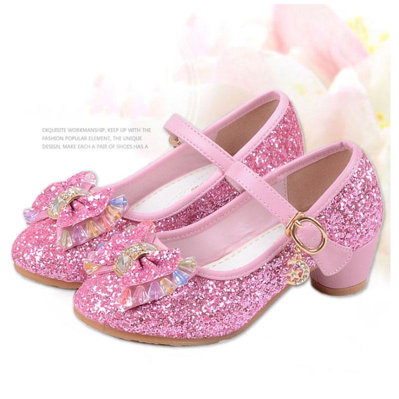 Изображение товара: Туфли принцессы для девочек, детская обувь с бантом и кристаллами, детские сандалии, обувь принцессы на высоком каблуке для свадьвечерние, модная обувь для девочек