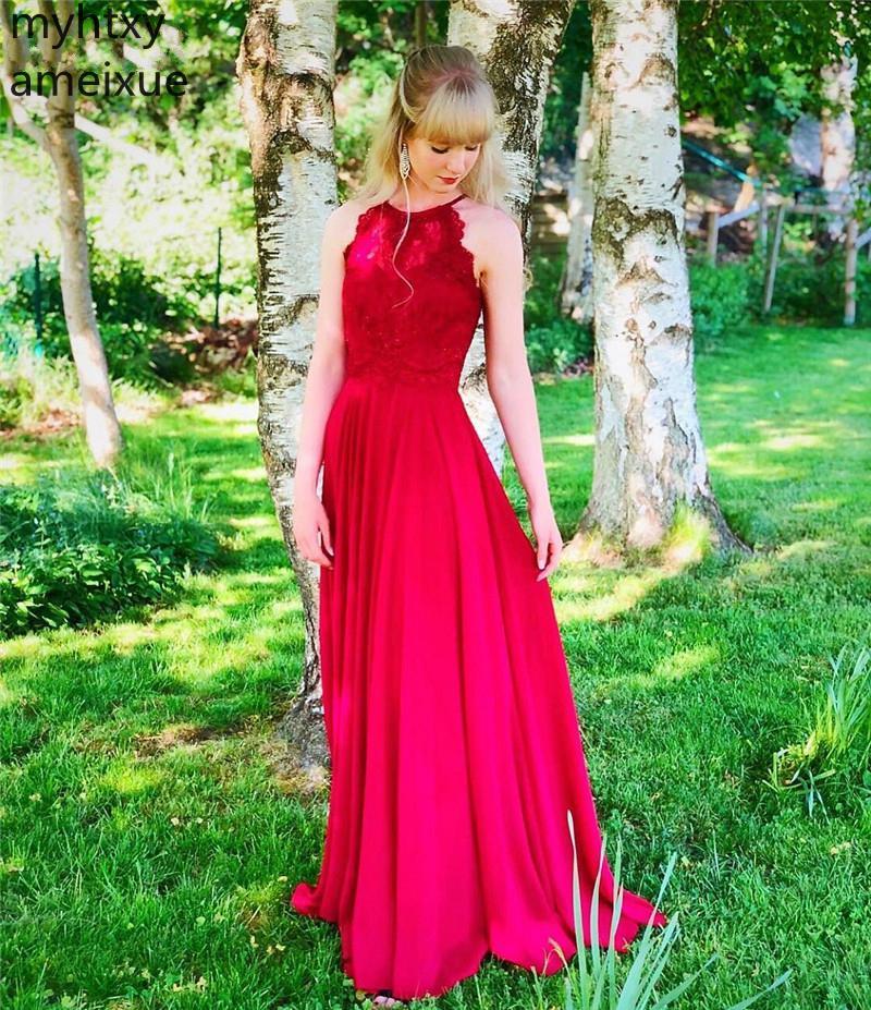 Изображение товара: Женское вечернее платье с лямкой на шее, красное платье трапециевидной формы с Боковым Разрезом и шлейфом, лето 2019