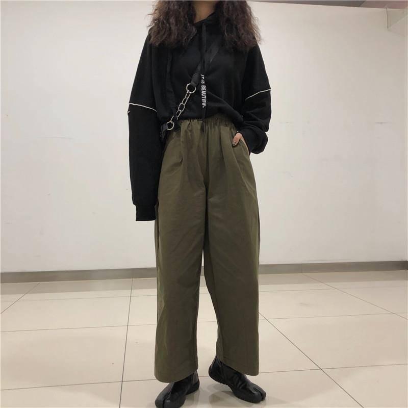 Изображение товара: Черные свободные брюки с высокой талией, уличная одежда, женские повседневные брюки, лоскутные брюки, модные осенние корейские брюки