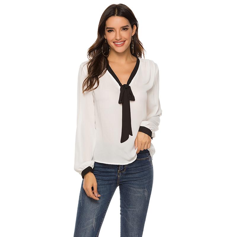 Изображение товара: Женская шифоновая блузка, Повседневная рубашка контрастных цветов с бантом, с V-образным вырезом, весна-осень, рабочая одежда с длинным рукавом