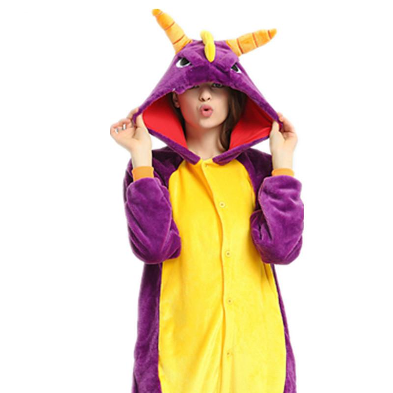Изображение товара: Пижама для взрослых, Женская Фланелевая пижама, унисекс, милая Пижама с изображением фиолетового дракона, динозавра, мультяшное животное, пижама с капюшоном, кигуруми