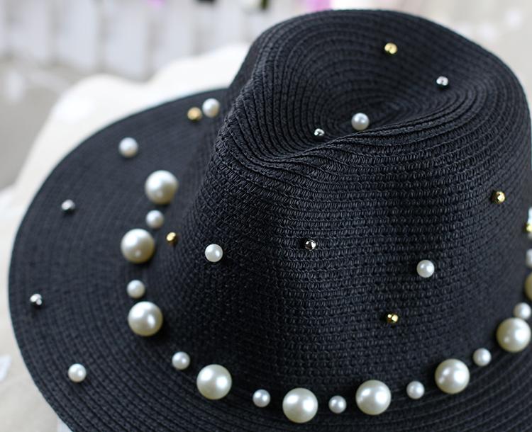 Изображение товара: Корейская версия вязаной шляпы козырек Женская английская черная соломенная шляпа большая шляпа летняя модная трендовая шляпа с бусинами