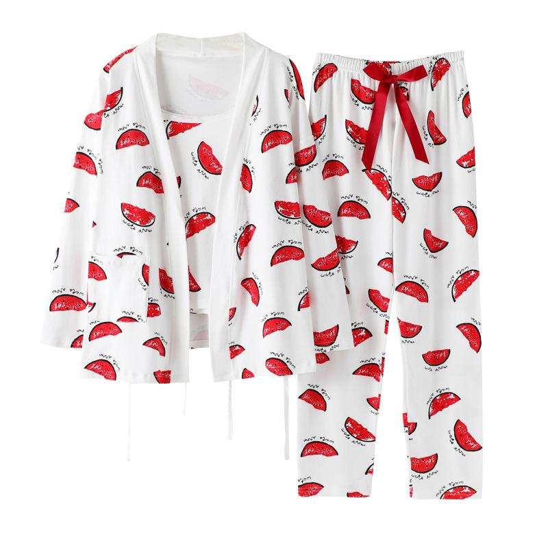 Изображение товара: Женская весенне-осенняя летняя Хлопковая пижама с бретельками из трех предметов, повседневные сексуальные милые брюки с длинными рукавами, пижамные комплекты, пижамный комплект