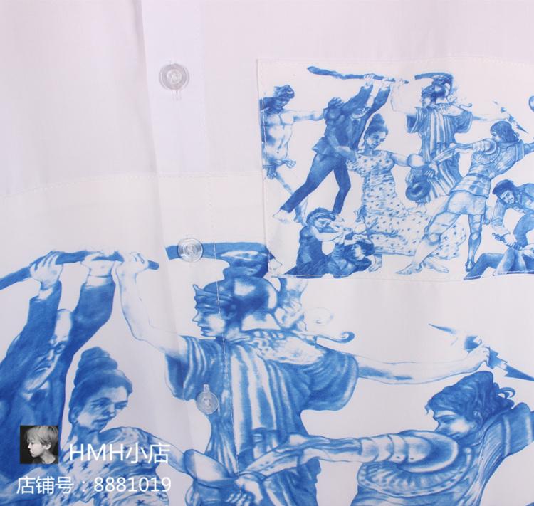 Изображение товара: Мужские и женские дизайнерские рубашки Bigbang Quan Zhilong Gd с синим национальным принтом, Модная белая Свободная рубашка с длинными рукавами