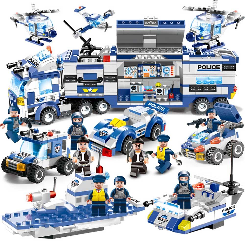 Изображение товара: Новые 8 в 1 город полицейская Серия Полиция станция строительные блоки спецназ DIY блоки, Детские кубики, развивающие обучающие игрушки для детей